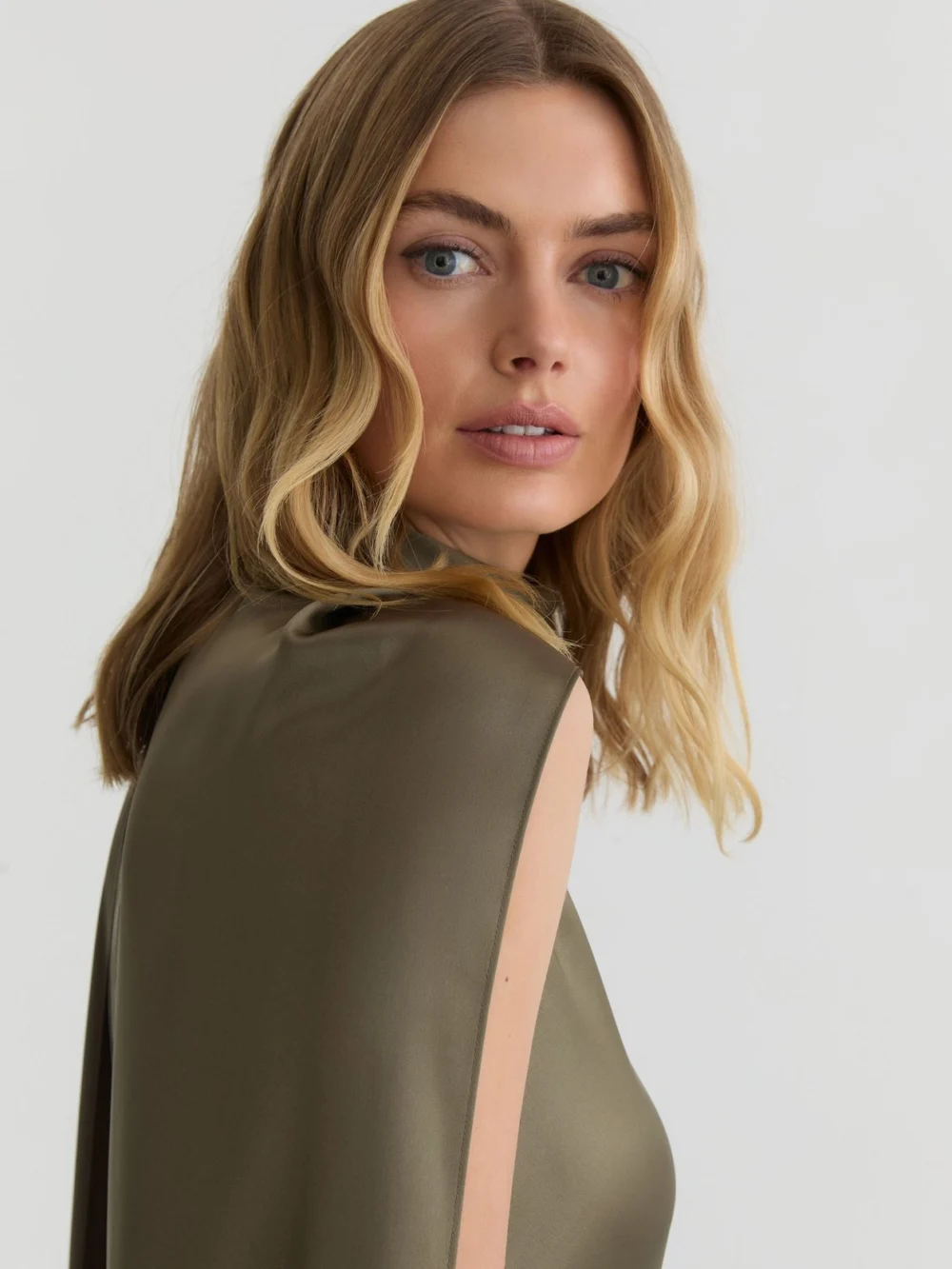 Reiss Fae Khaki Green Fae Petite Satin Cape Maxi Dress, view 3