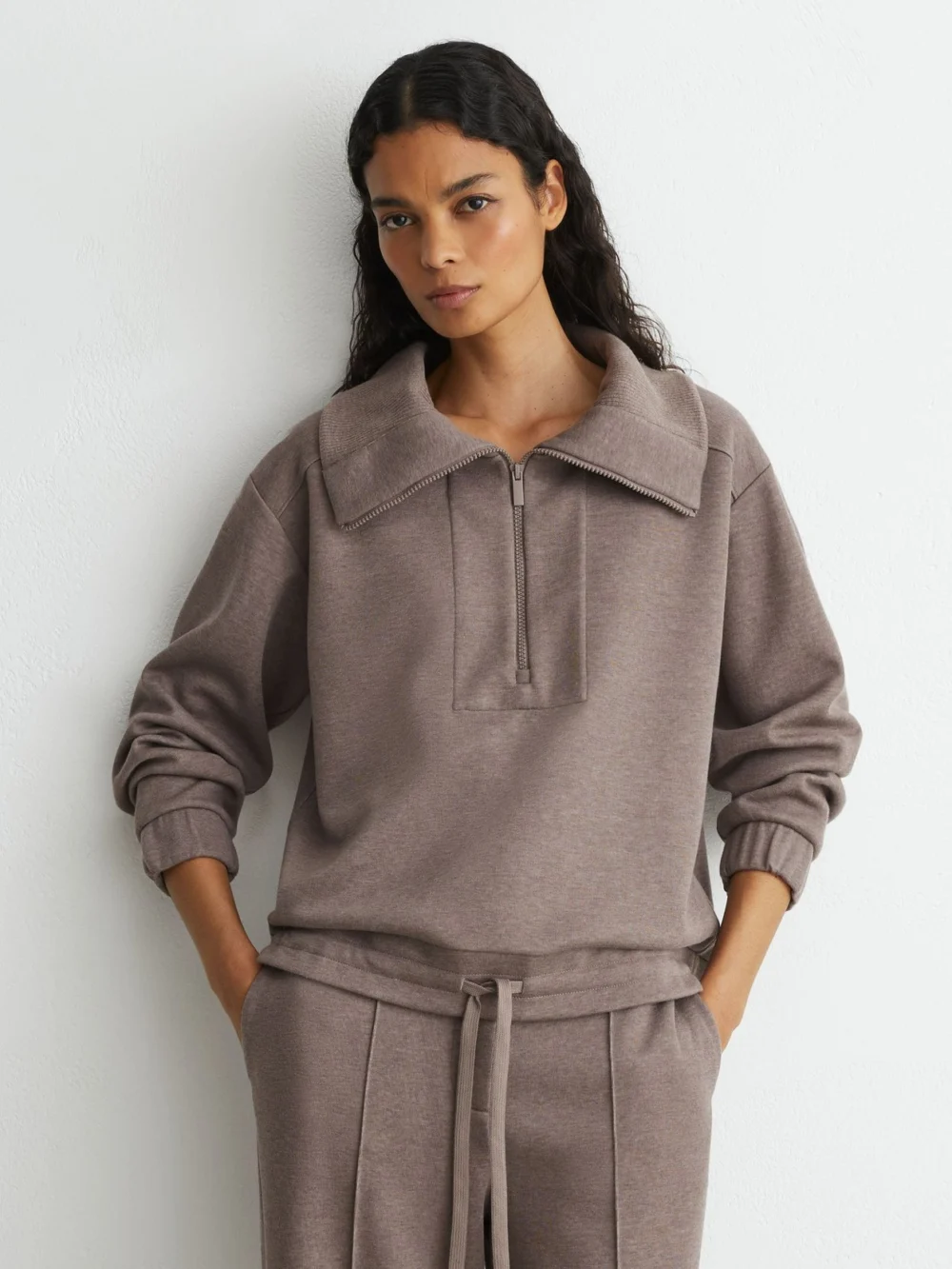 Reiss Fawn Brown Lyocell-wool Half-zip Sweatshirt