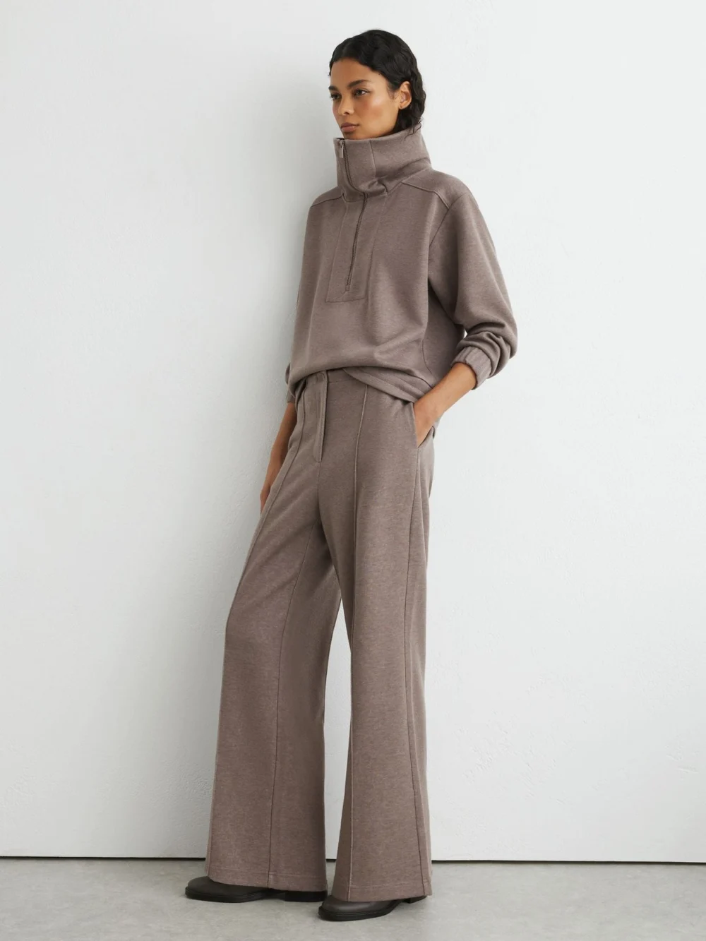 Reiss Fawn Brown Lyocell-wool Half-zip Sweatshirt, view 3