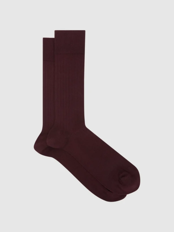 Reiss Fela Men's Bordeaux Mercerised Cotton-blend Ribbed Socks