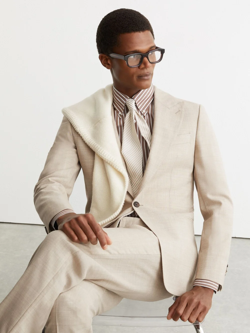 Reiss Fibre Oatmeal Brown Tailored Fit Virgin Wool Textured Single-breasted Blazer, 40, view 3