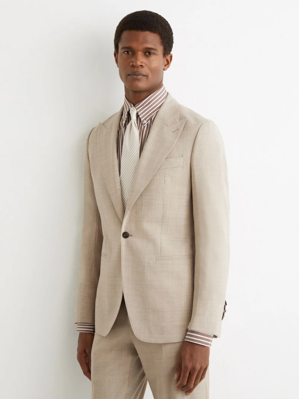 Reiss Fibre Oatmeal Brown Tailored Fit Virgin Wool Textured Single-breasted Blazer, 40, view 4