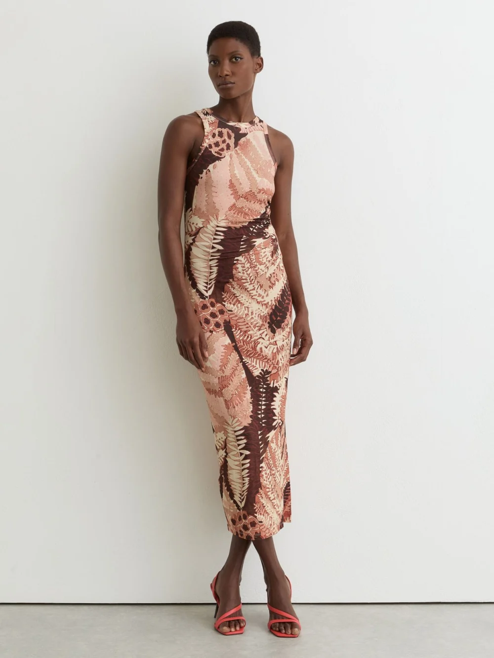 Reiss Floral-print Pink Jersey Racer Midi Dress