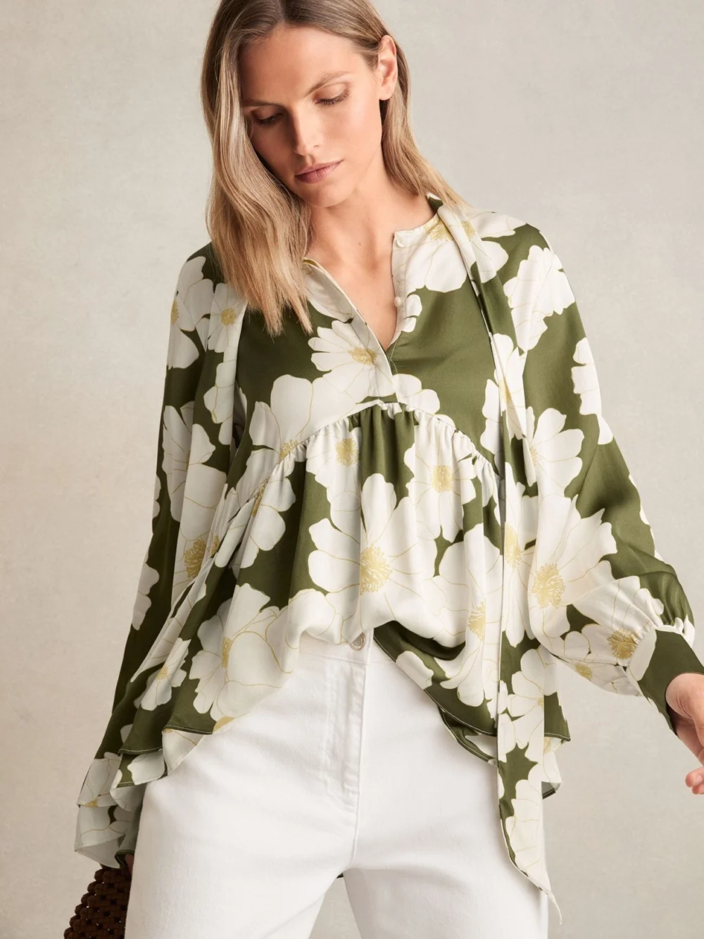 Reiss Floral Tie-neck Swing Blouse in ivory/green