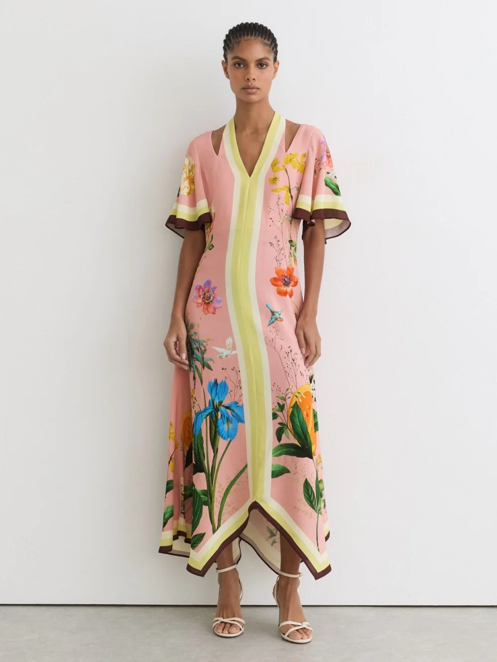 Reiss Flossy Pink Floral-print Cut-out Midi Dress, 4 in pink/green