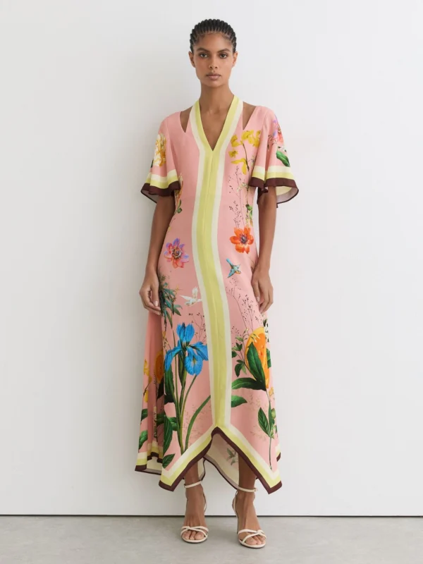 Reiss Flossy Pink Floral-print Cut-out Midi Dress, 4