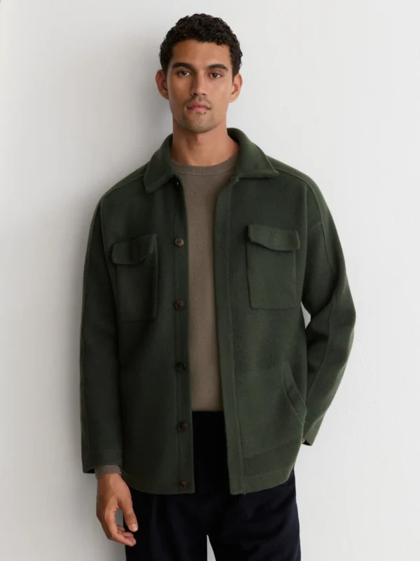 Reiss Forest Green Boiled Wool Twin-pocket Overshirt