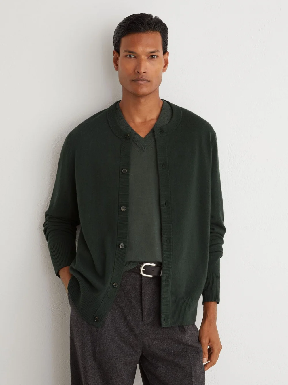 Reiss Forest Green Wool-cashmere Jersey-knit Cardigan, view 3