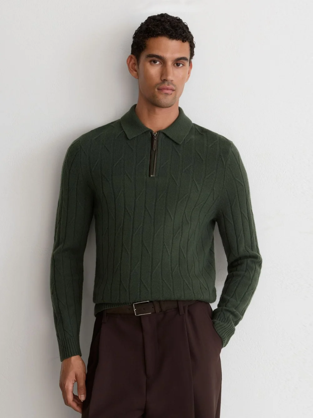 Reiss Forest Green Wool Stitch-detail Half-zip Polo Jumper