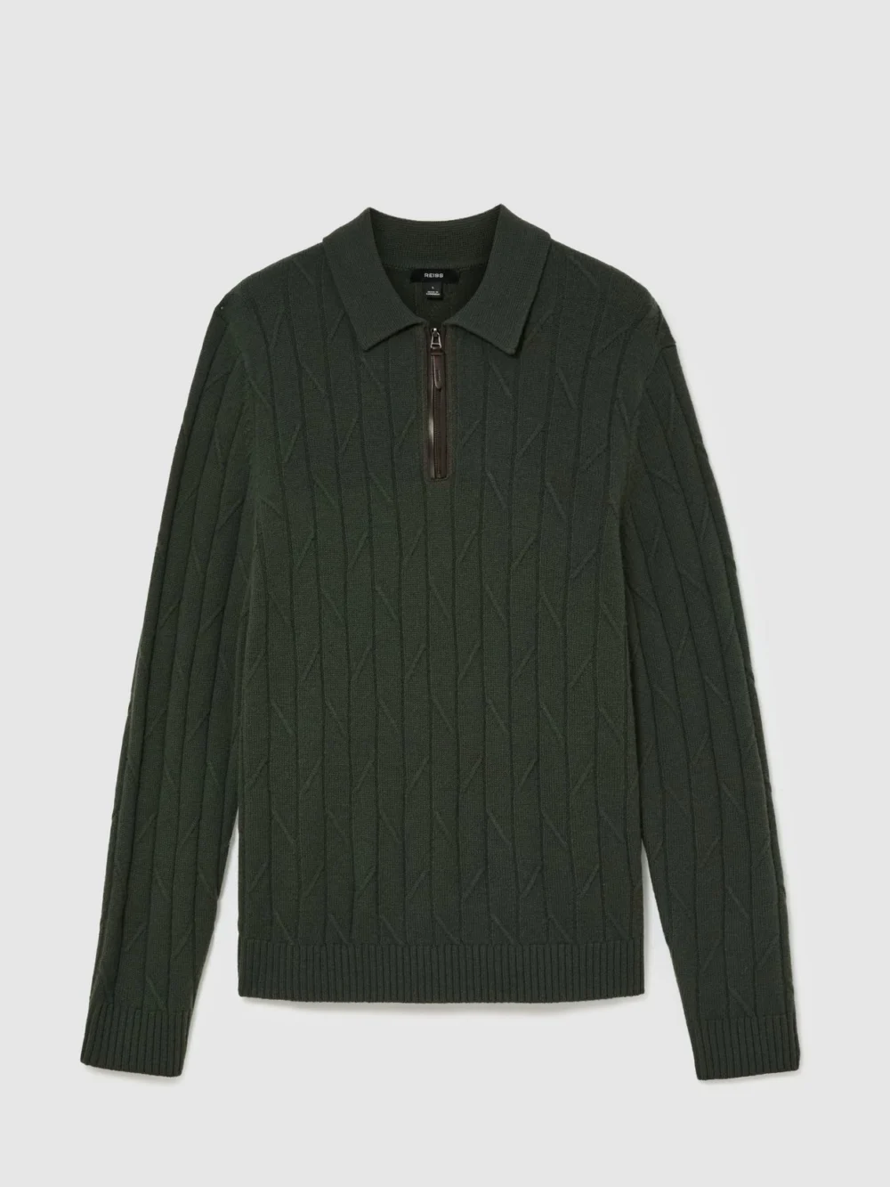 Reiss Forest Green Wool Stitch-detail Half-zip Polo Jumper, view 2