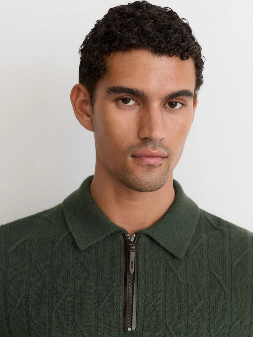 Reiss Forest Green Wool Stitch-detail Half-zip Polo Jumper, view 3