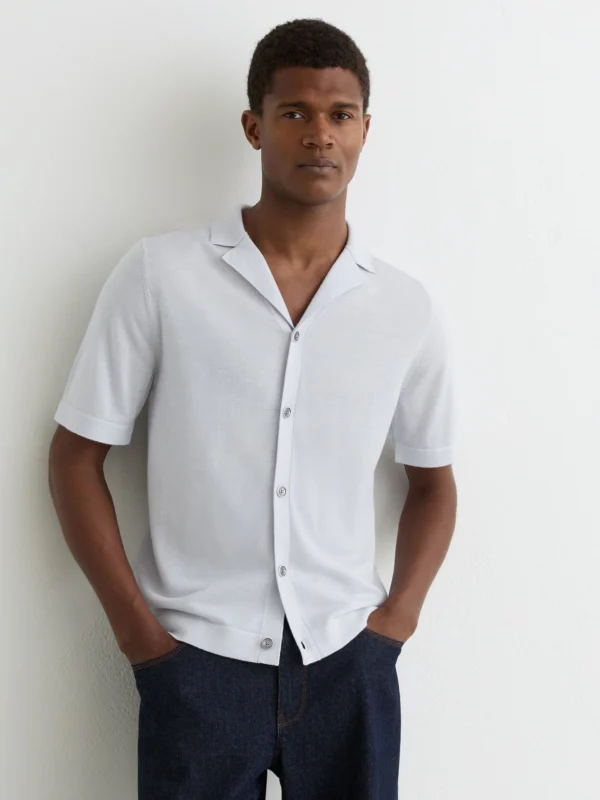 Reiss Frost Blue Merino Wool Cuban-collar Shirt