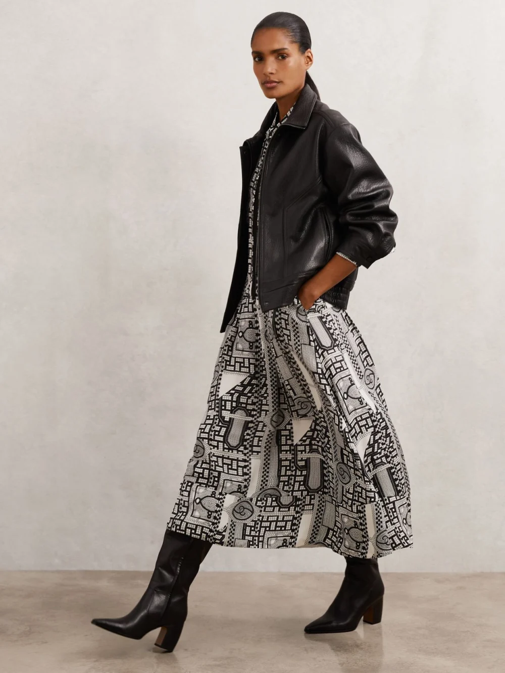 Reiss Geometric-print Tie-neck Dress, view 3