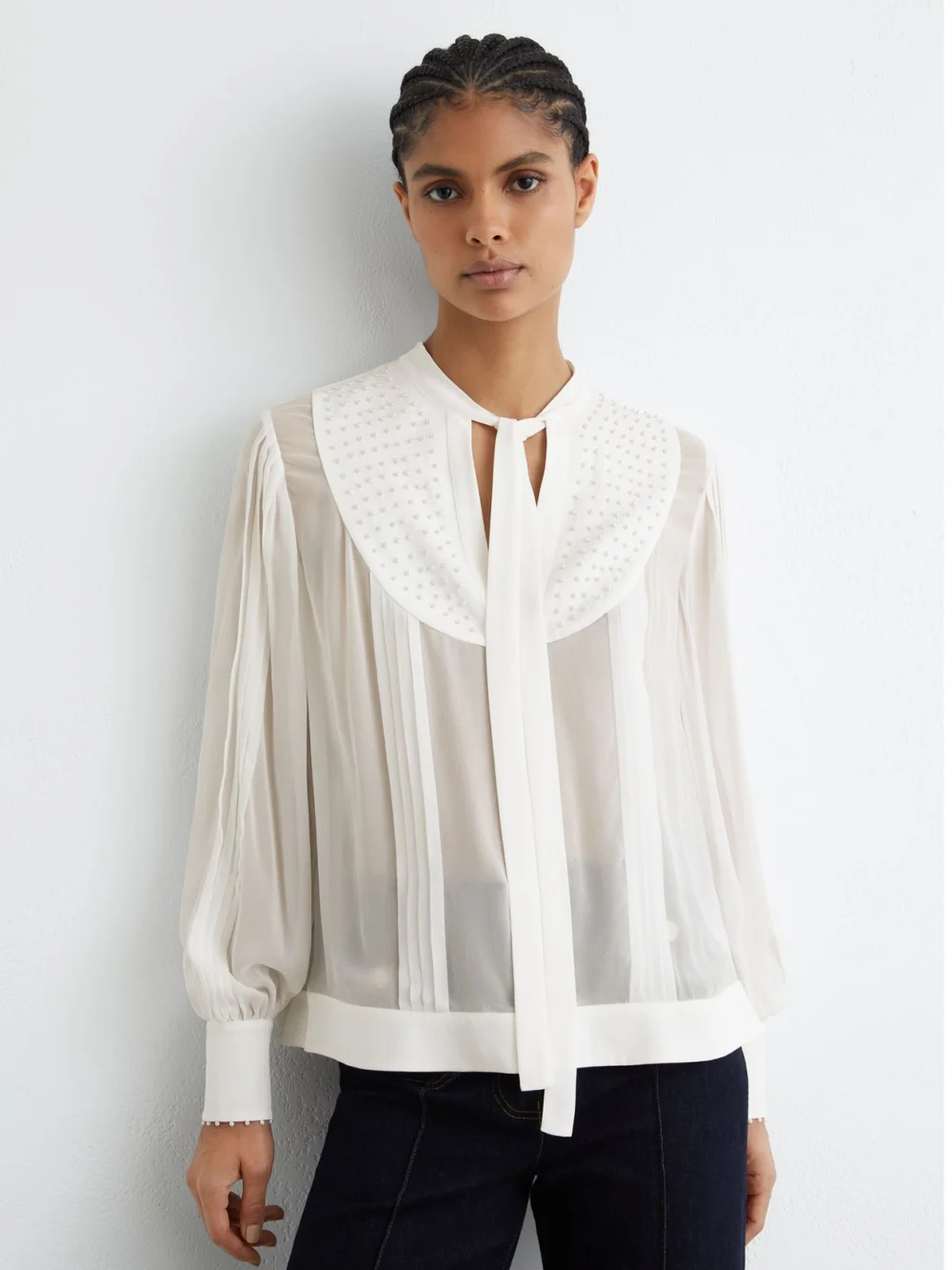 Reiss Georgette Tie-neck Beaded Blouse, view 3