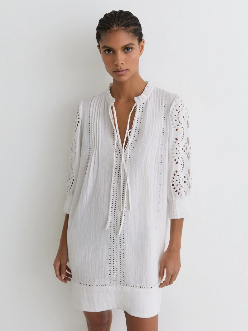 Reiss Gia Gia Cotton Cheesecloth Broderie Mini Dress, 8, view 3