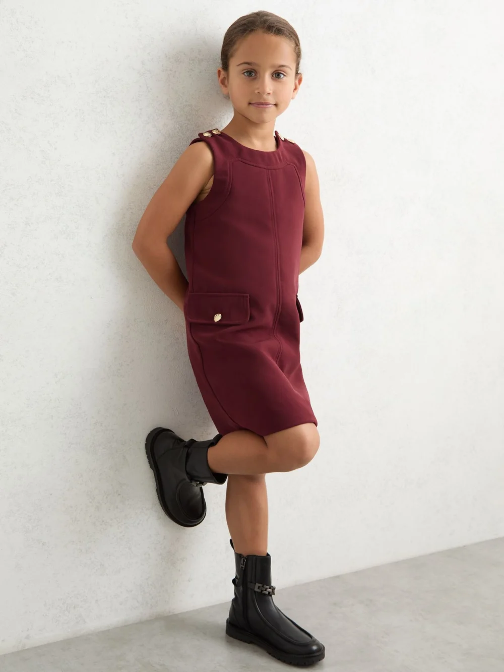 Reiss Girls Burgundy Button-Detail Sleeveless Shift Dress, view 3