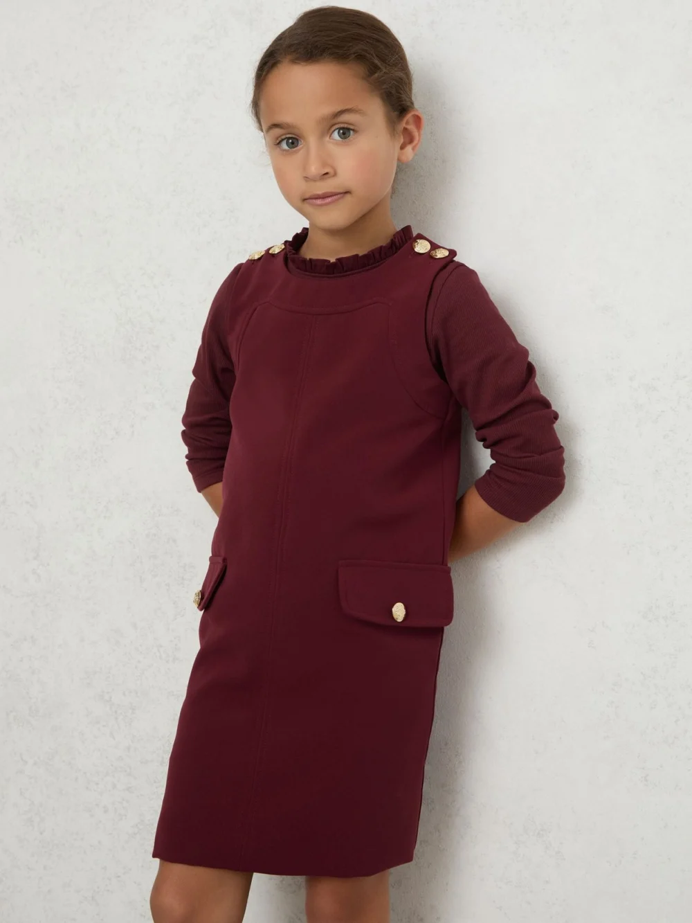 Reiss Girls Burgundy Button-Detail Sleeveless Shift Dress, view 4