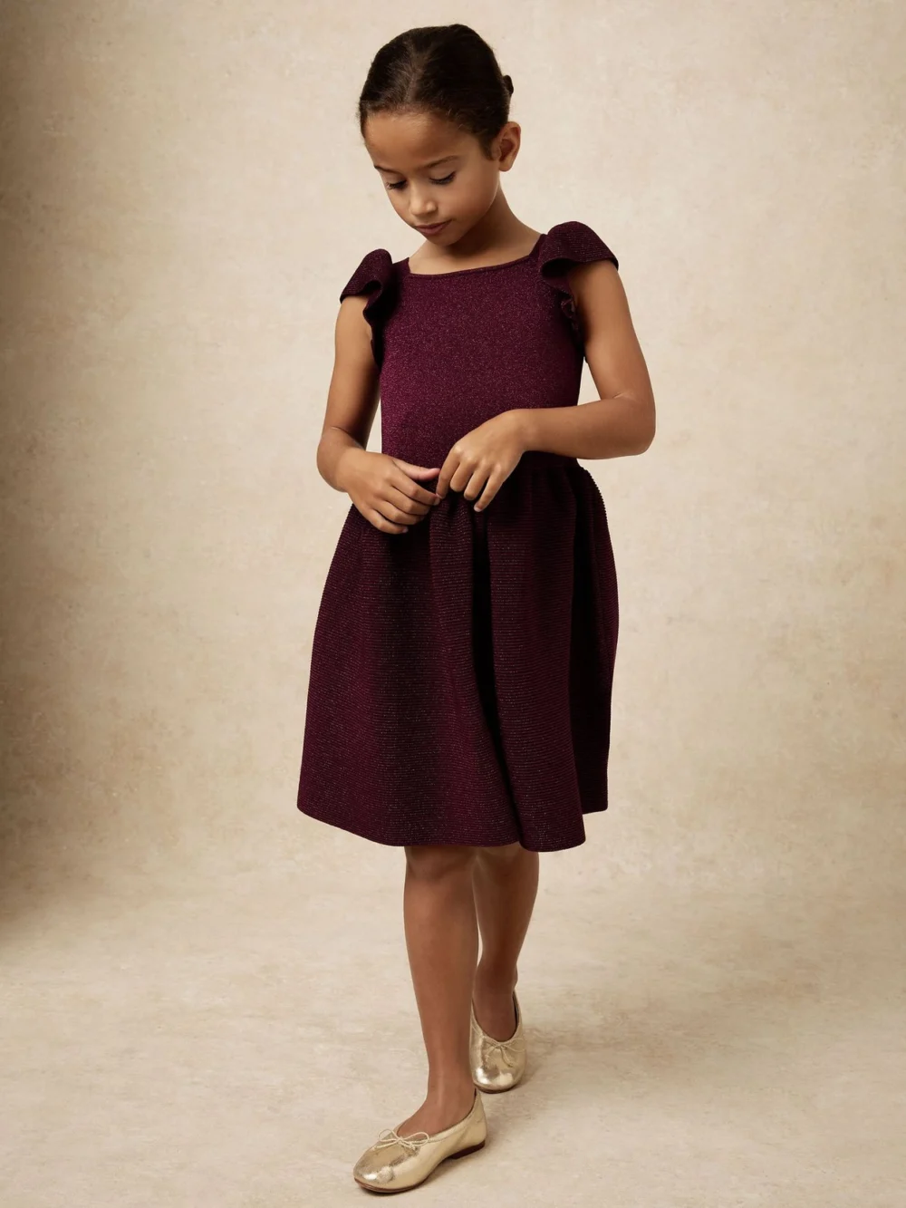 Reiss Girls Burgundy Knitted Mini Dress, view 2