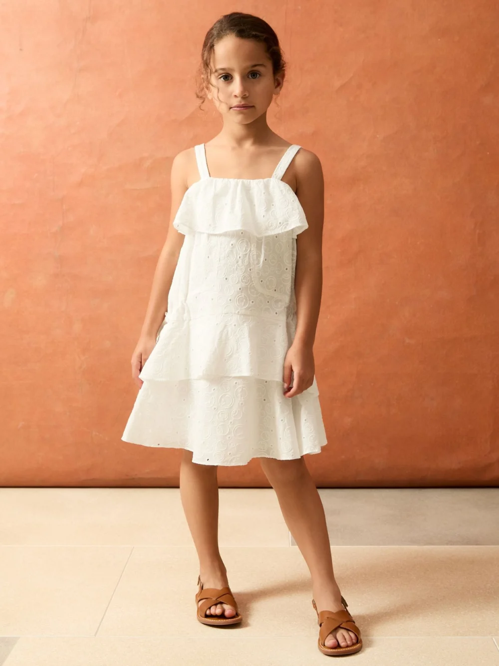 Reiss Girls Cream Cotton Broderie Logo Midi Dress, view 2