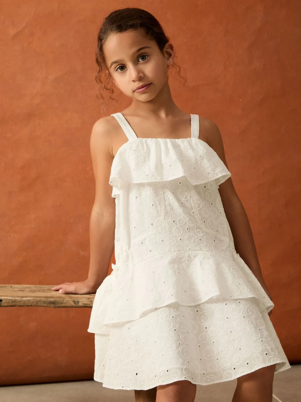 Reiss Girls Cream Cotton Broderie Logo Midi Dress, view 4