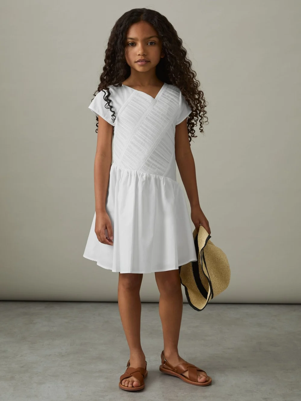 Reiss Girls Cream Cotton Tucked-Pleat Dress, view 2