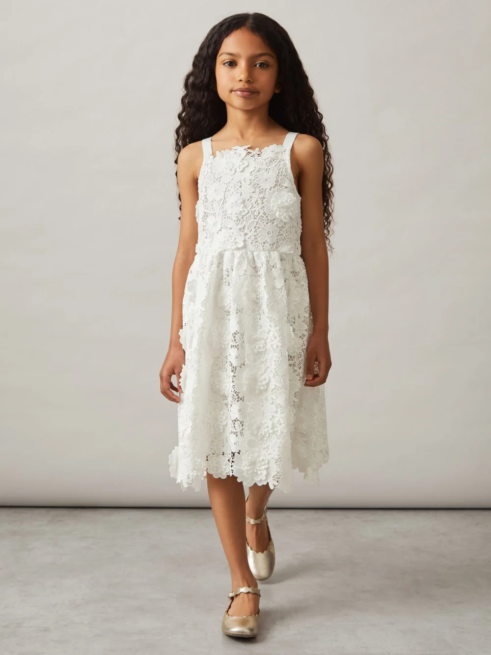 Reiss Girls Cream Guipure Lace Midi Dress, view 2
