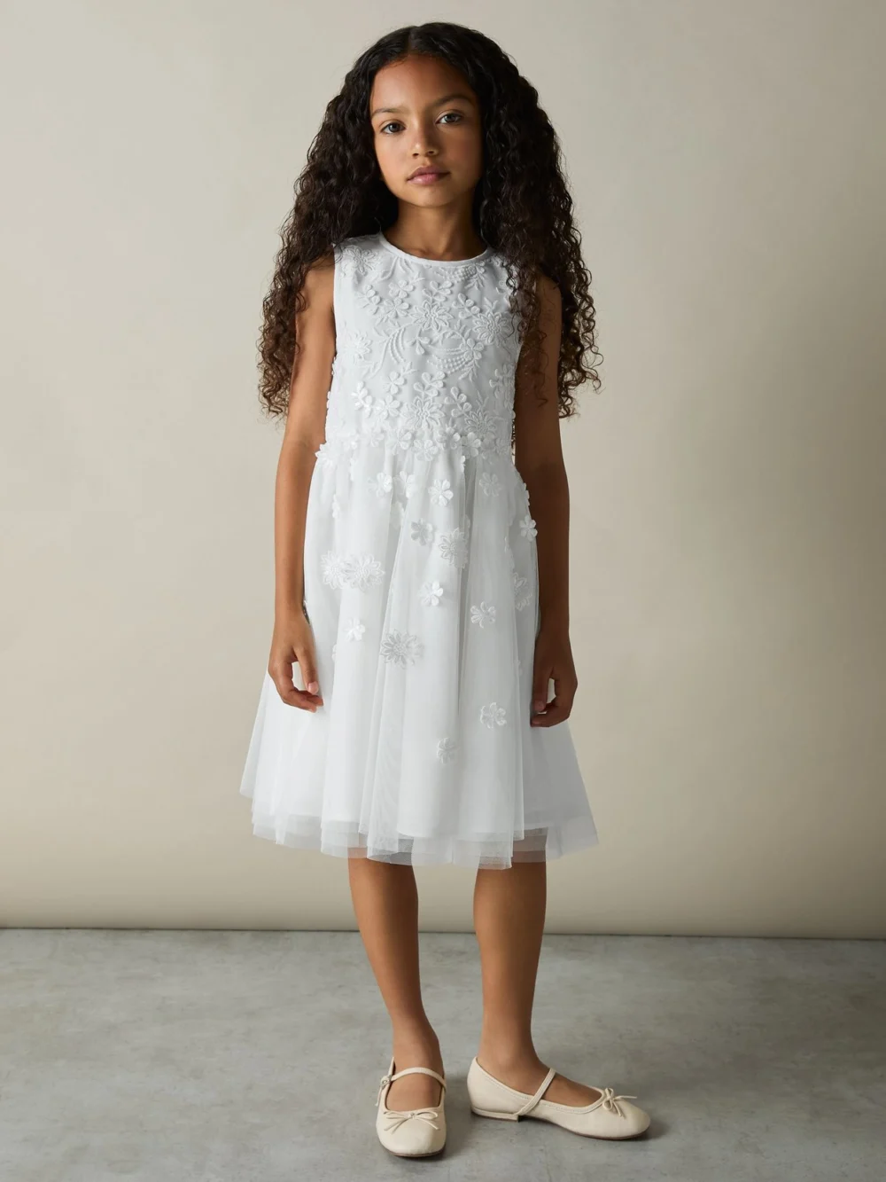 Reiss Girls Cream Tulle Floral Embroidered Bridesmaid Dress, view 2