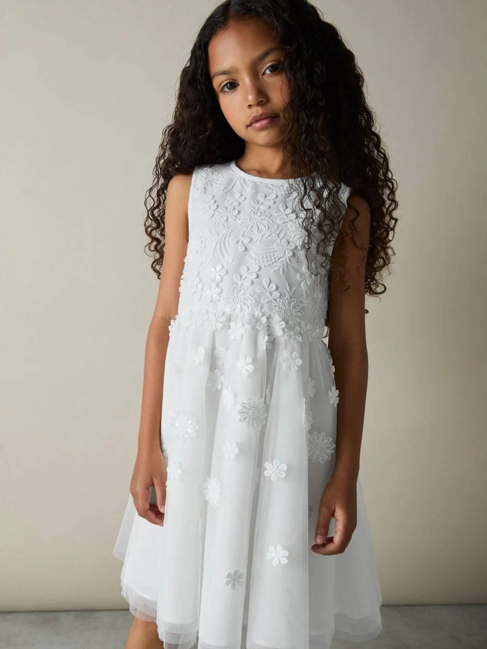 Reiss Girls Cream Tulle Floral Embroidered Bridesmaid Dress, view 3