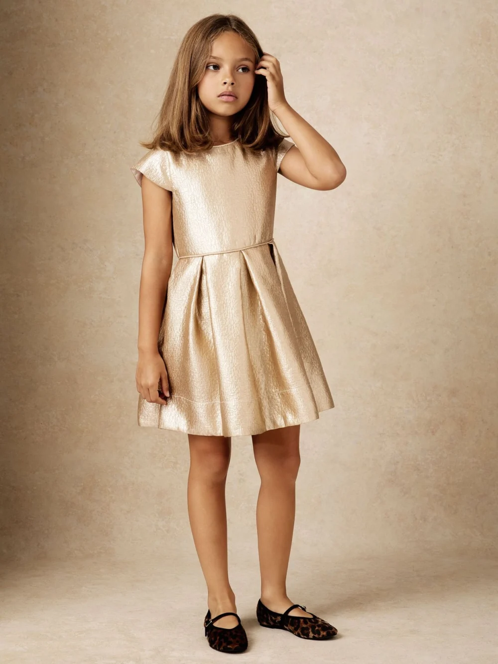 Reiss Girls Gold Textured Cap Sleeve Dress, view 3