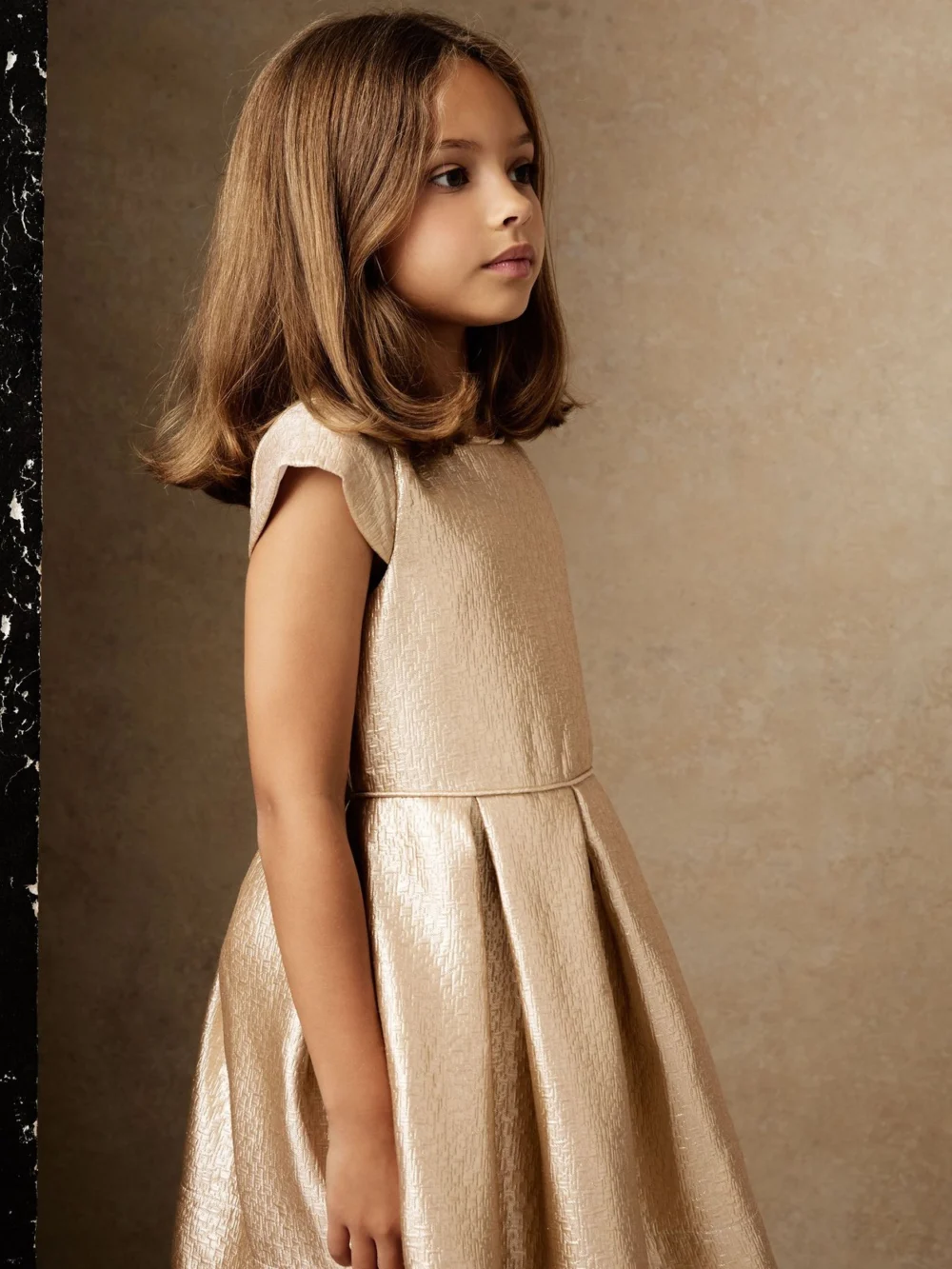 Reiss Girls Gold Textured Cap Sleeve Dress, view 4