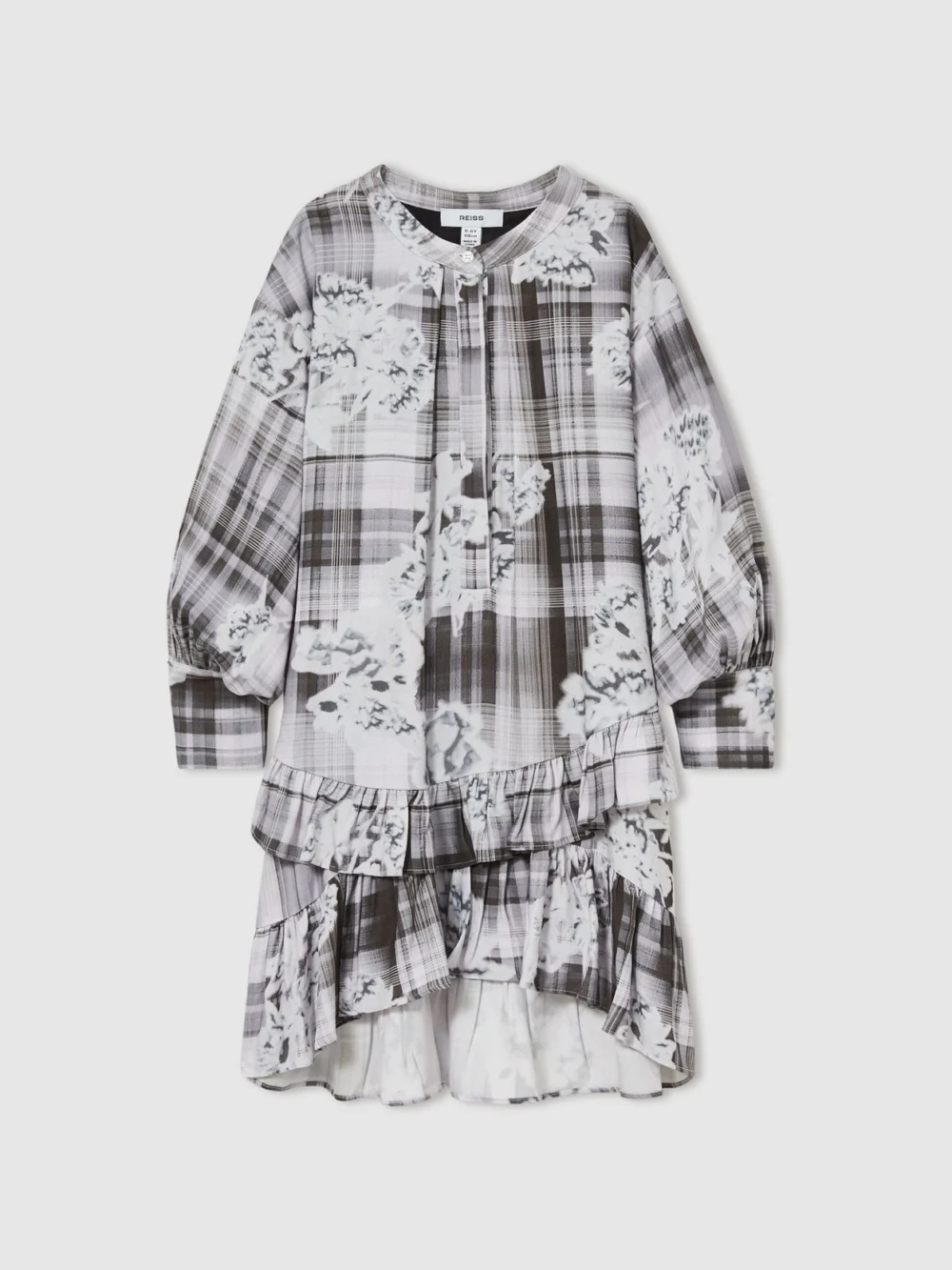 Reiss Girls Grey & White Floral Print Tiered-Frill Dress in grey/white