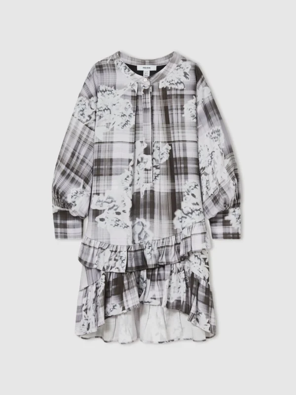 Reiss Girls Grey & White Floral Print Tiered-Frill Dress