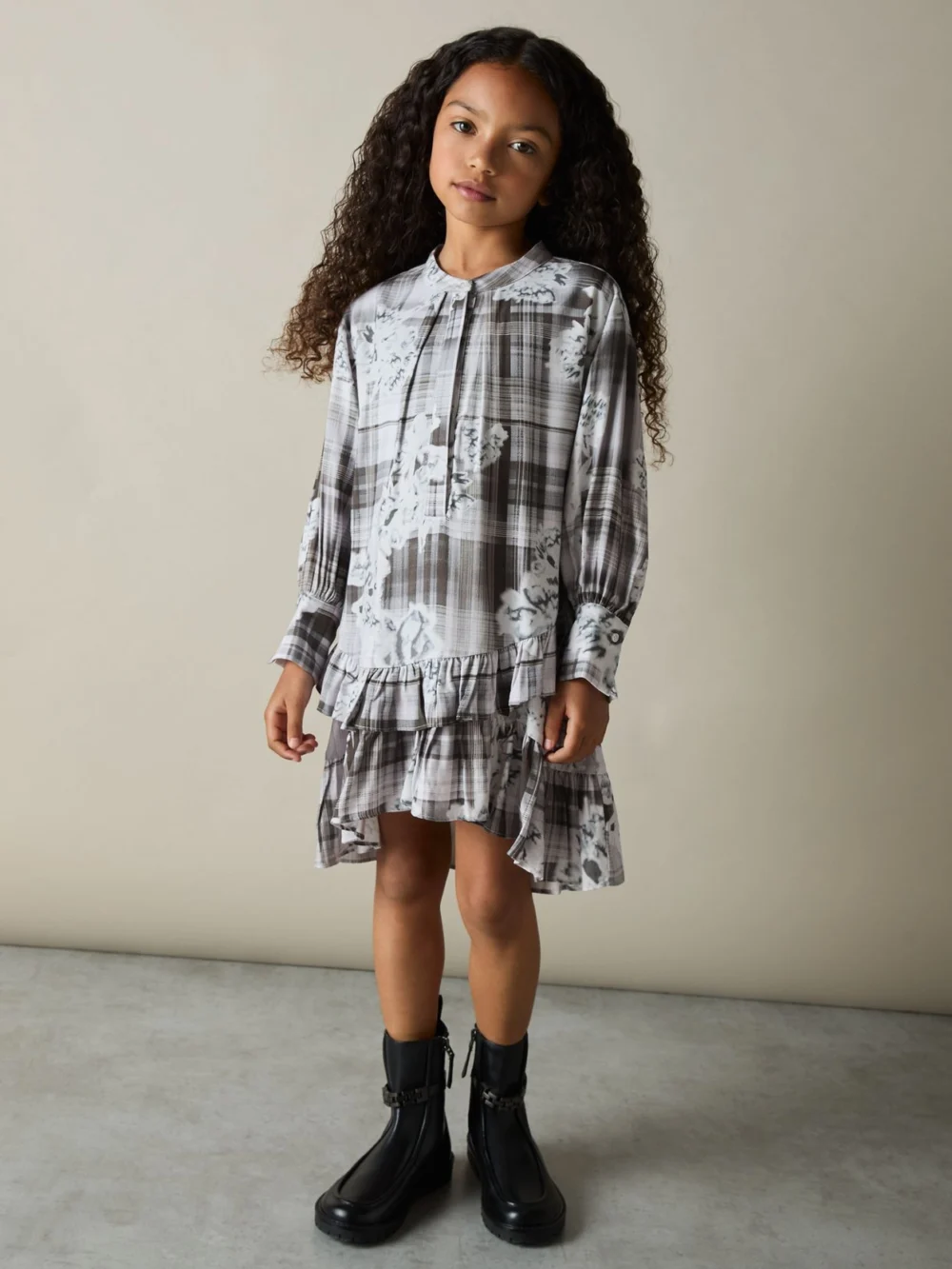 Reiss Girls Grey & White Floral Print Tiered-Frill Dress, view 2