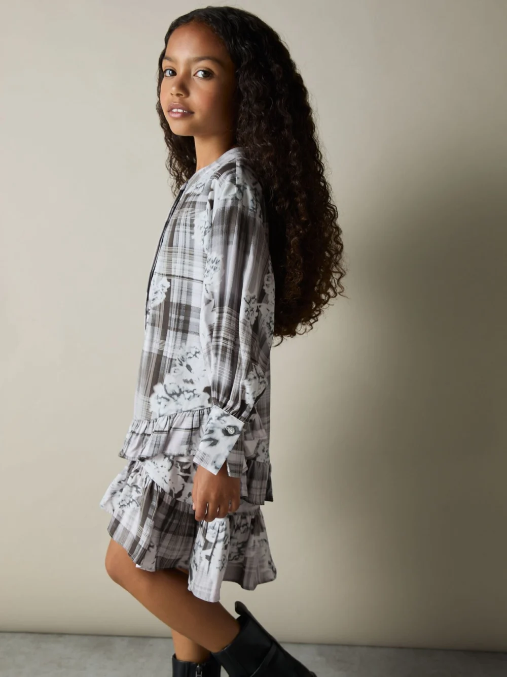 Reiss Girls Grey & White Floral Print Tiered-Frill Dress, view 3
