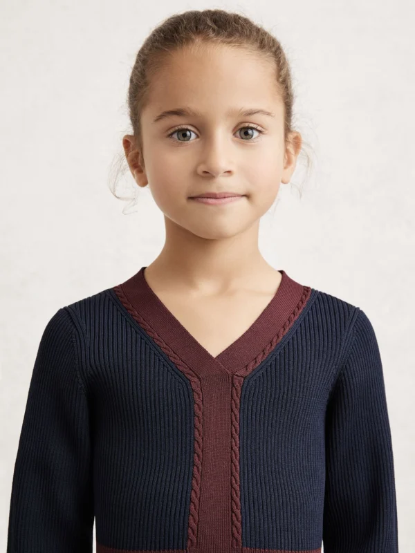 Reiss Girls Navy Blue & Brown Craft-Stitch Rib-Knit Dress