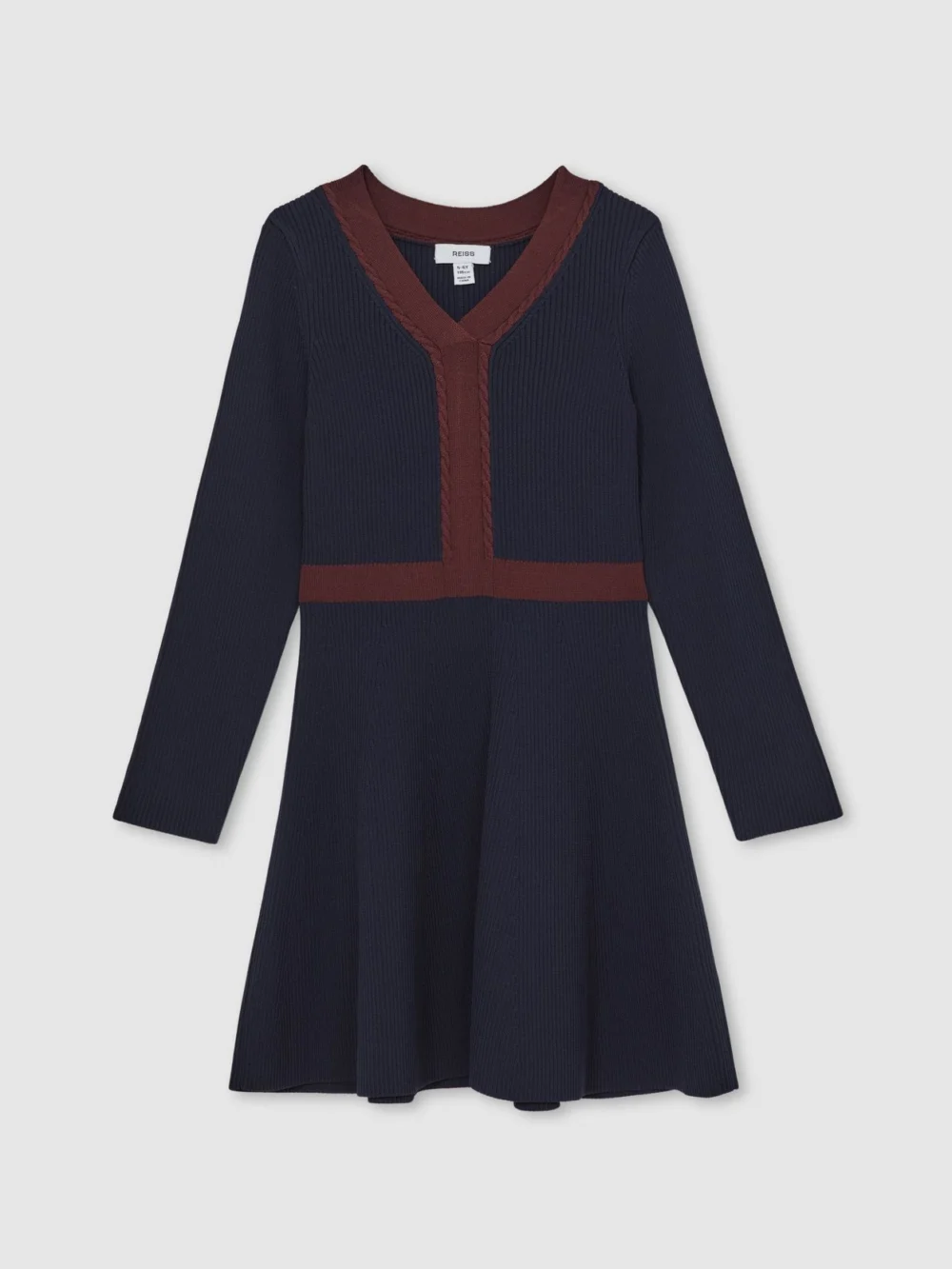 Reiss Girls Navy Blue & Brown Craft-Stitch Rib-Knit Dress, view 2