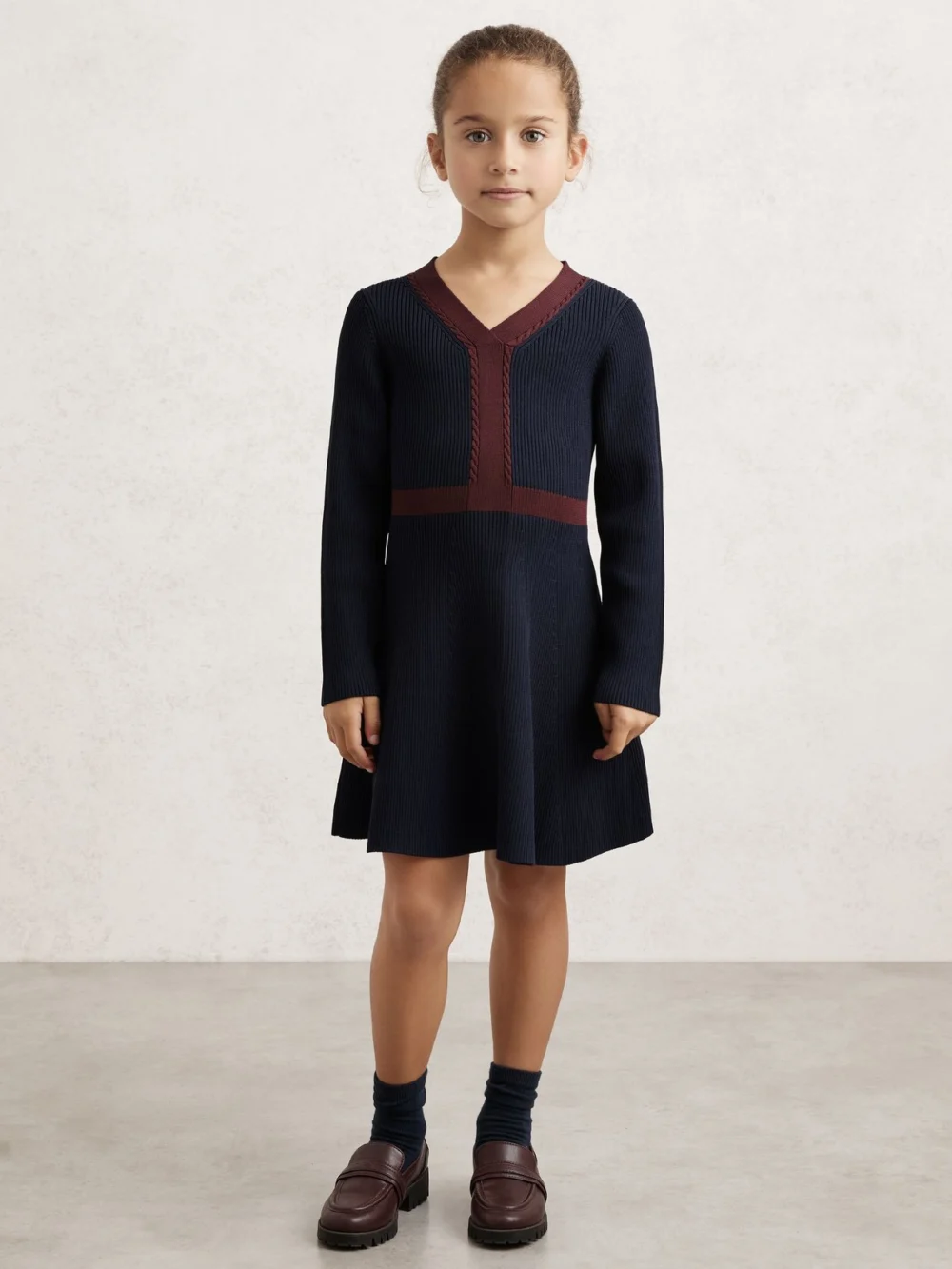 Reiss Girls Navy Blue & Brown Craft-Stitch Rib-Knit Dress, view 3
