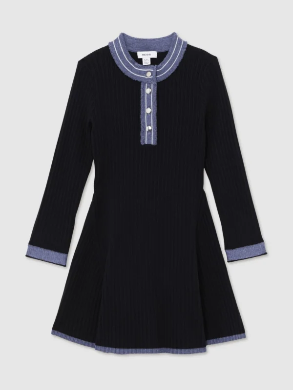 Reiss Girls Navy Blue & Purple Contrast Trim Rib-Knit Skater Dress