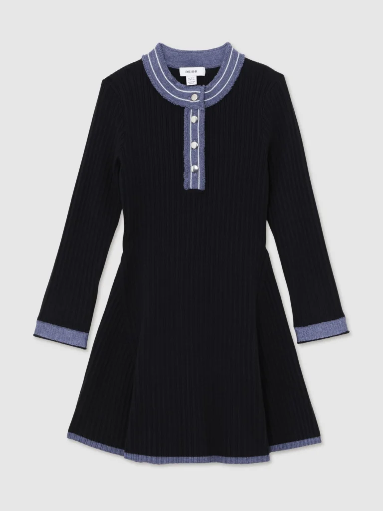 Reiss Girls Navy Blue & Purple Contrast Trim Rib-Knit Skater Dress