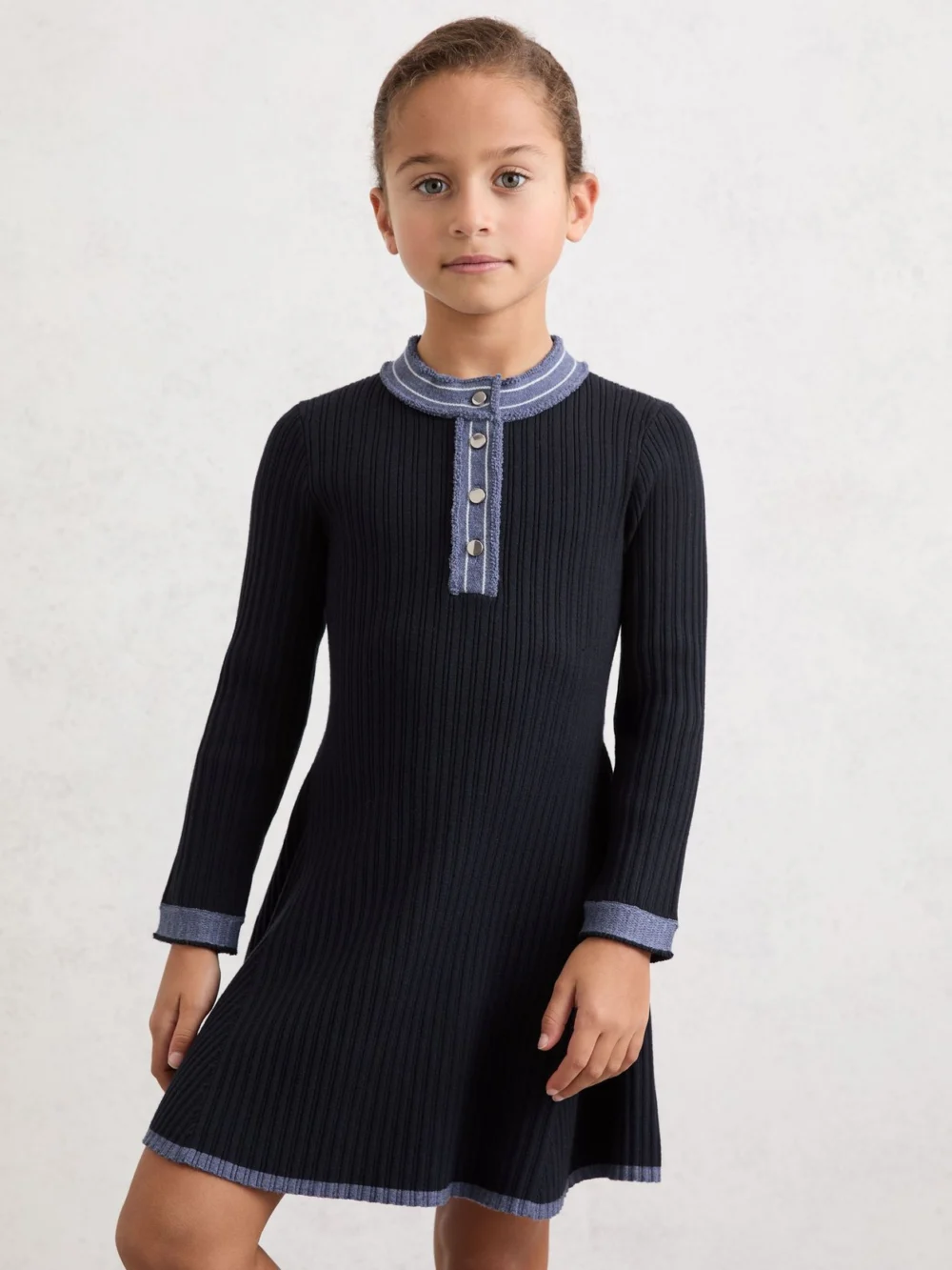 Reiss Girls Navy Blue & Purple Contrast Trim Rib-Knit Skater Dress, view 2
