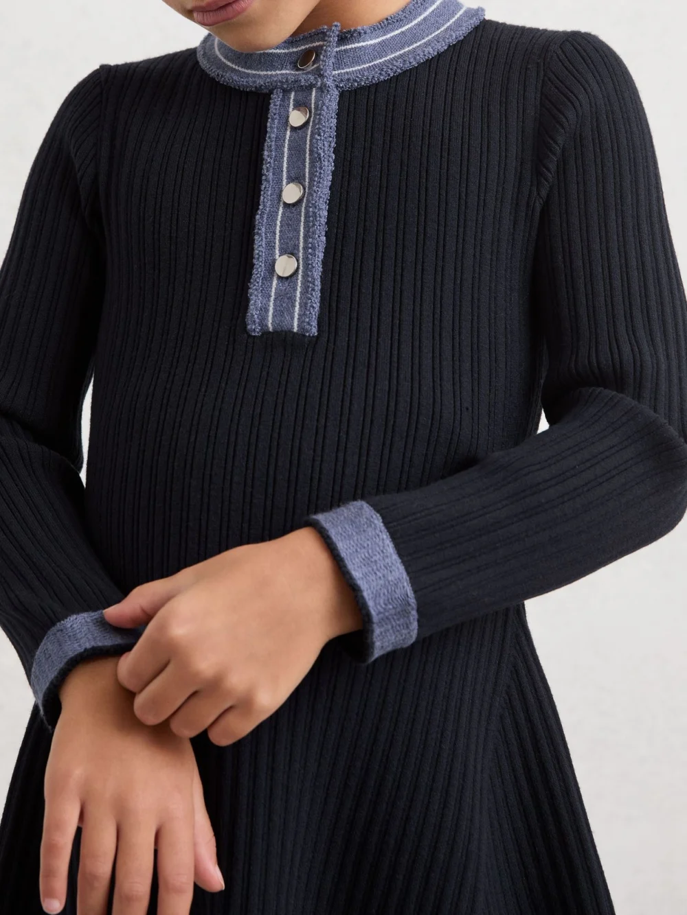 Reiss Girls Navy Blue & Purple Contrast Trim Rib-Knit Skater Dress, view 4