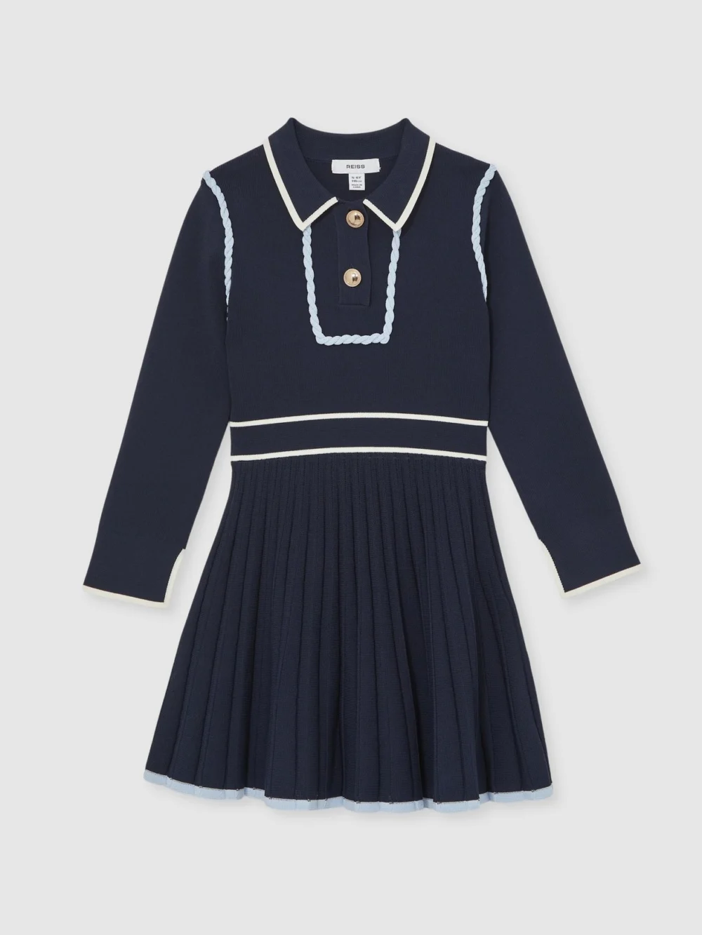 Reiss Girls Navy Blue & White Knitted Piped Skater Dress in navy/white
