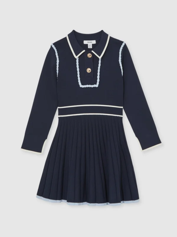 Reiss Girls Navy Blue & White Knitted Piped Skater Dress
