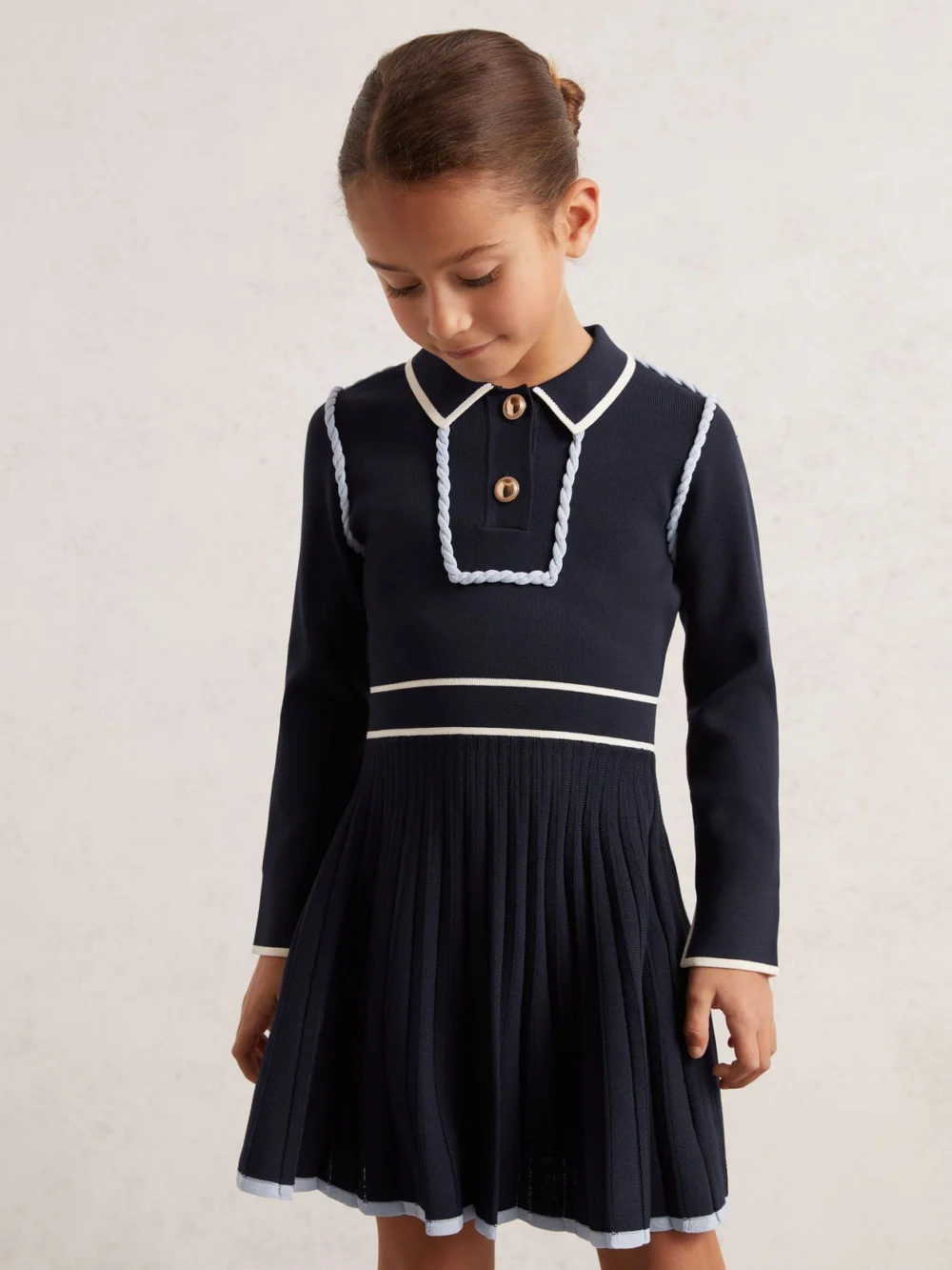 Reiss Girls Navy Blue & White Knitted Piped Skater Dress, view 2