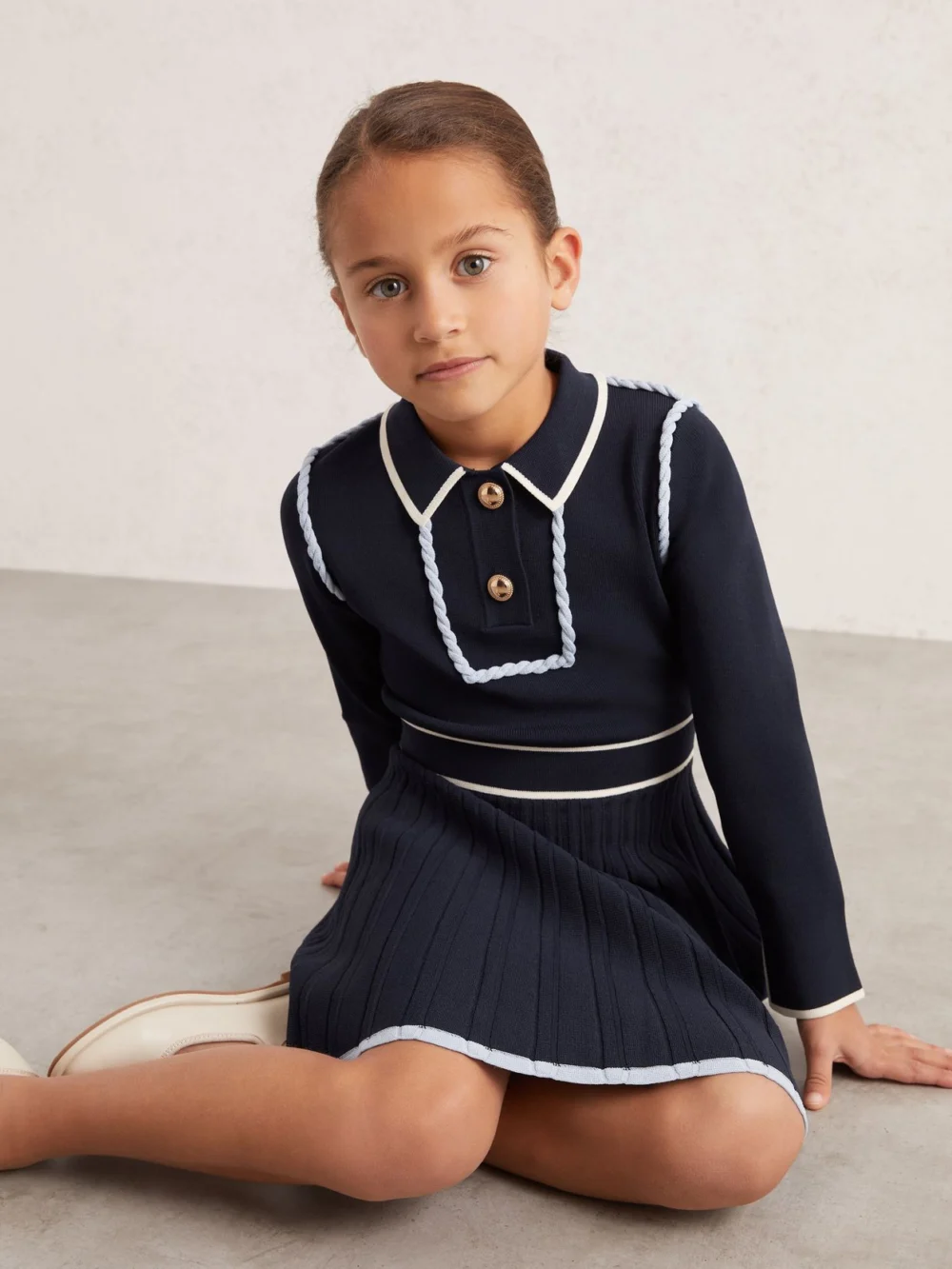 Reiss Girls Navy Blue & White Knitted Piped Skater Dress, view 3