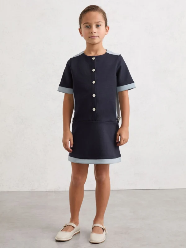 Reiss Girls Navy Premium Interlock Short Sleeve Dress