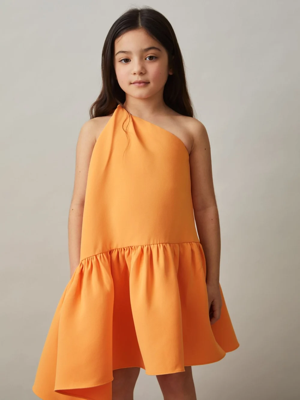 Reiss Girls Orange One-Shoulder Tiered Dress, view 2