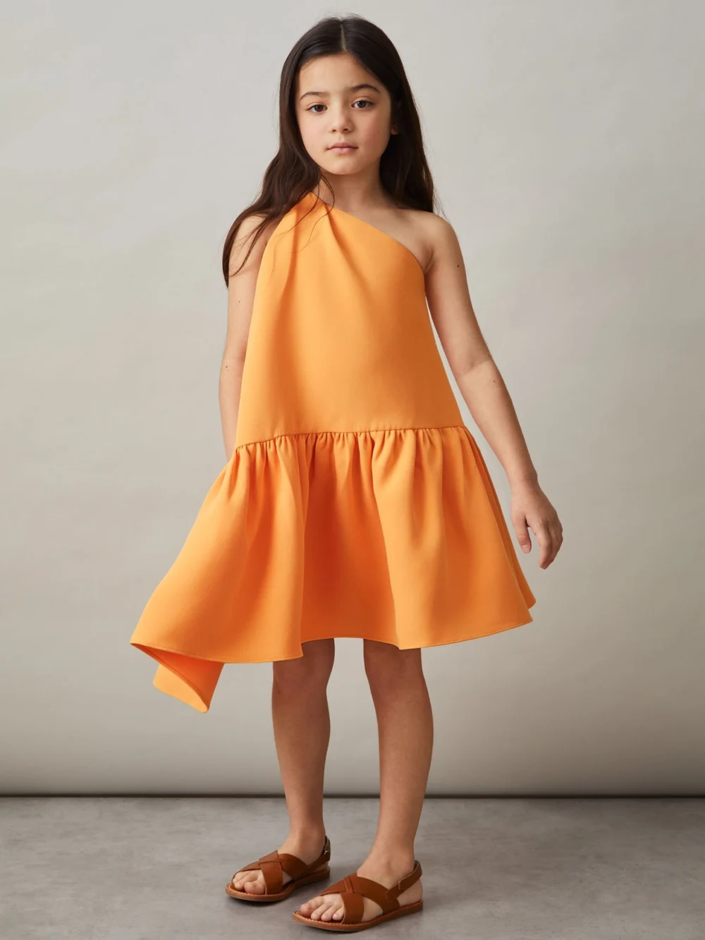 Reiss Girls Orange One-Shoulder Tiered Dress, view 3