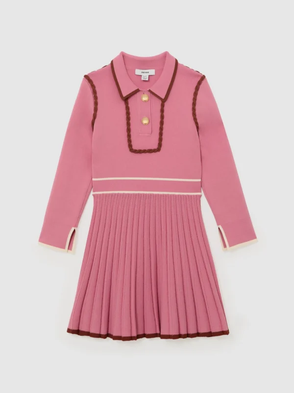 Reiss Girls Pink & Cream Knitted Piped Skater Dress