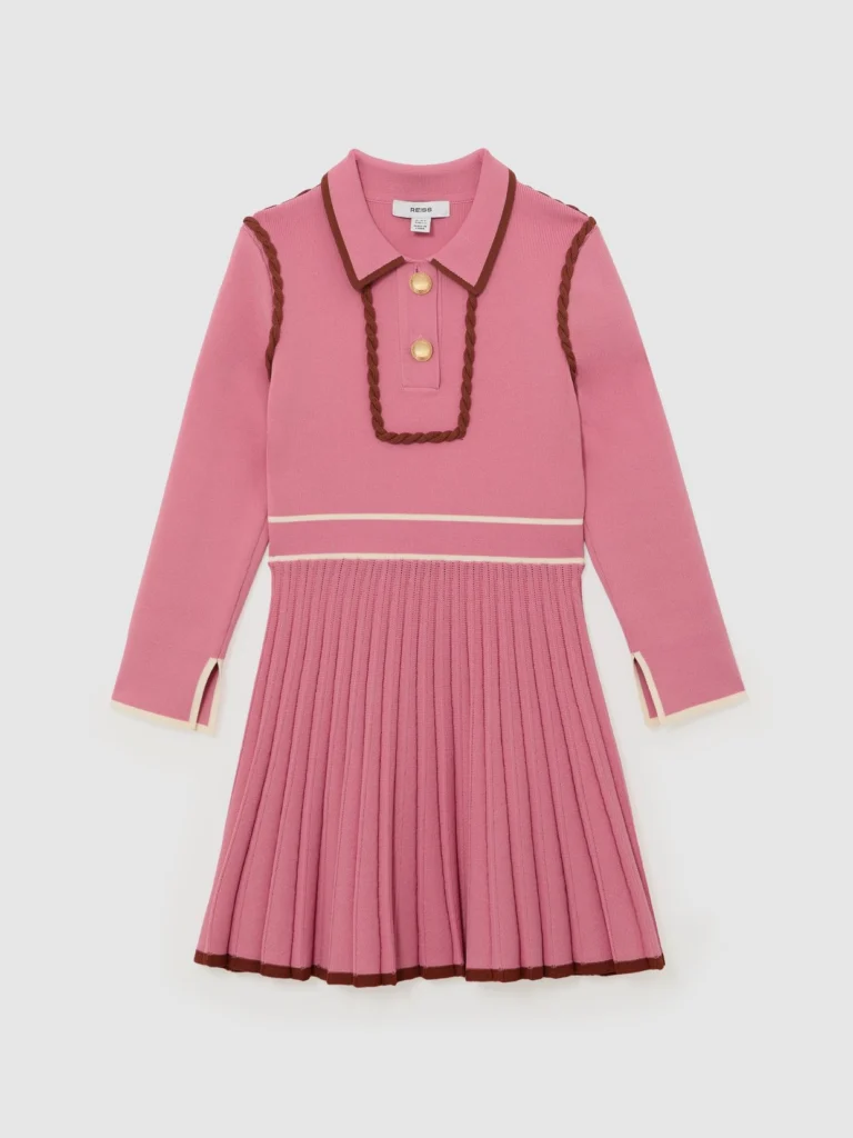 Reiss Girls Pink & Cream Knitted Piped Skater Dress